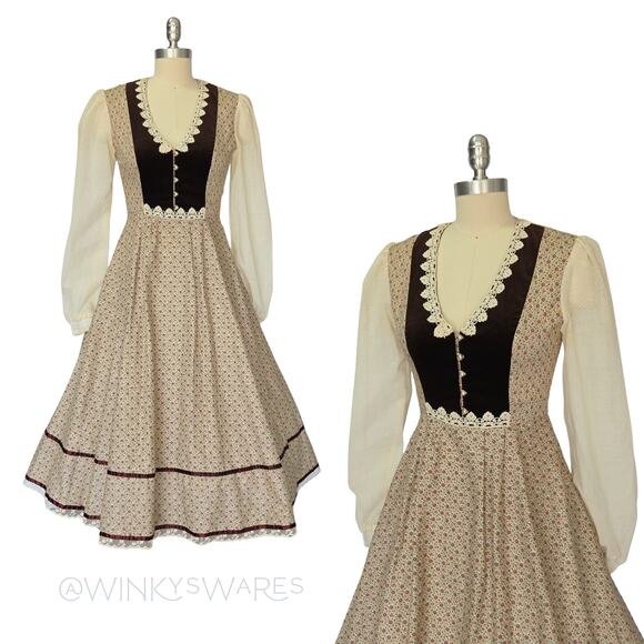 Gunne Sax Dresses & Skirts - Gunne Sax Vintage 70s Brown Floral Midi Dress Size 7 S Velvet Prairie Calico